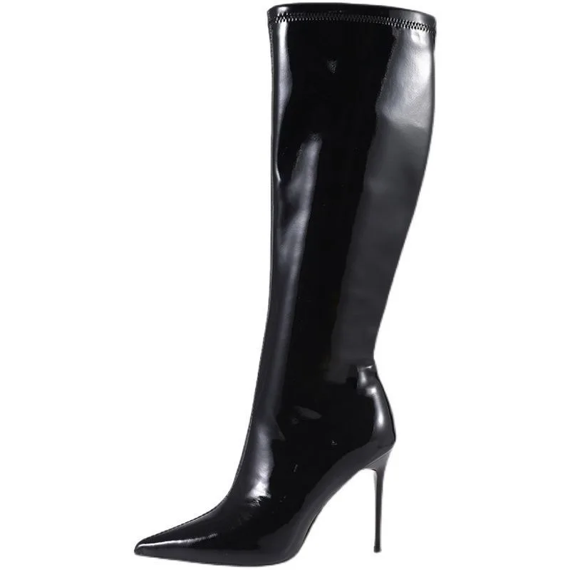 Women Knee-high Boots Temperament Pointed Stiletto Heeled Boots Patent Leather Slim Fit Elastic Boot Knee-high High-heeled Boots - view 6