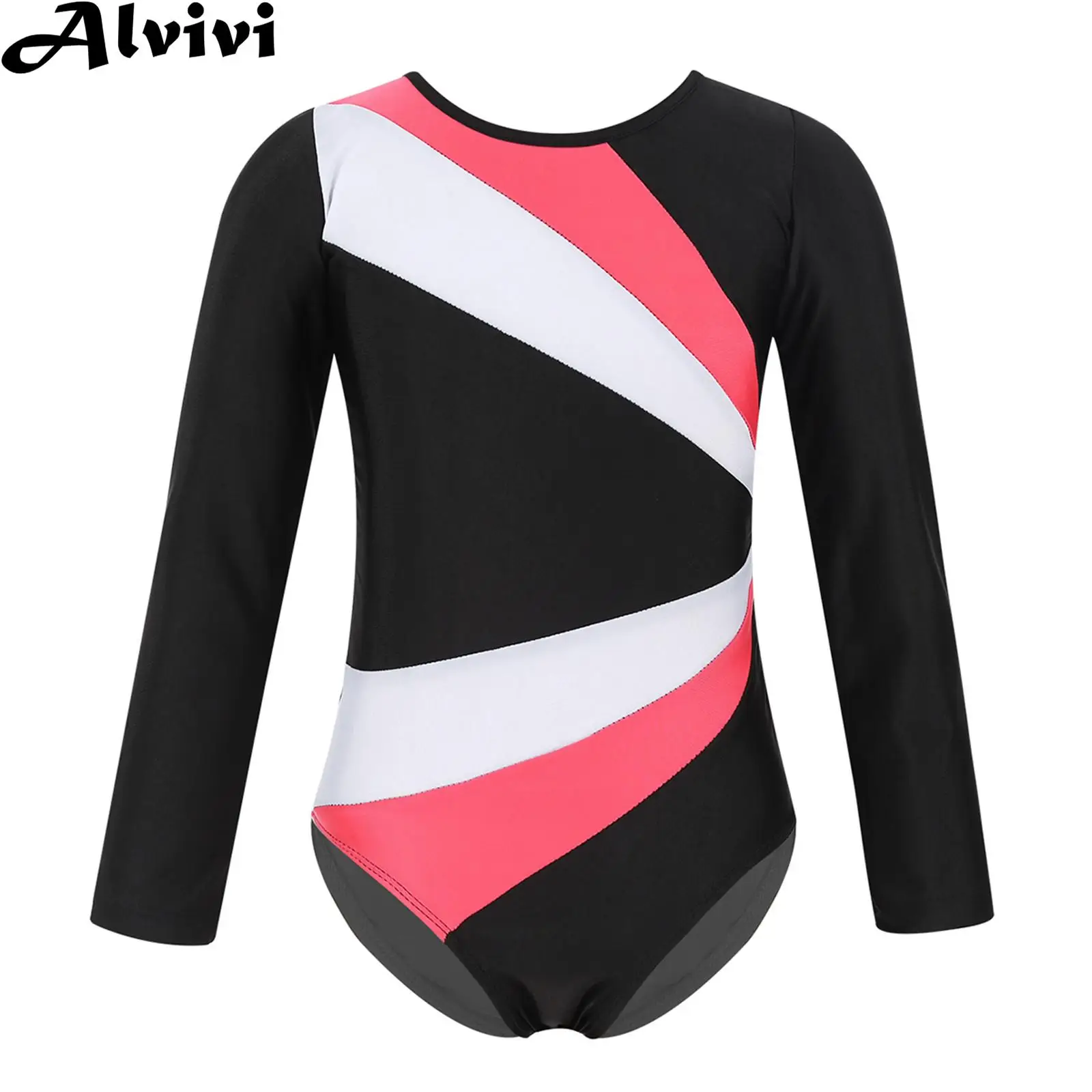 Kids Girls Long Sleeve Ballet Dance Gymnastics Leotard Color Block Hollow Out Back Jumpsuit for Dance Class Stage Performance