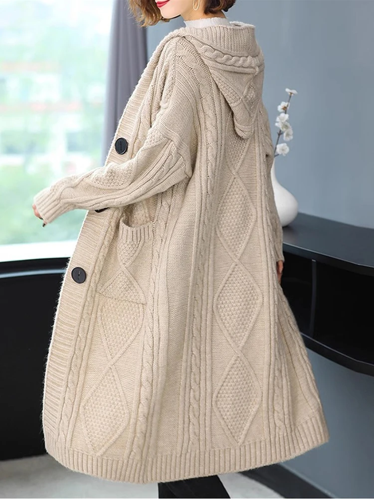 Hooded Sweater Cardigan Long Coats Womens Fall Winter Loose Thick Warm Knit Jackets Casual Single Breasted Knitwear Casaco New