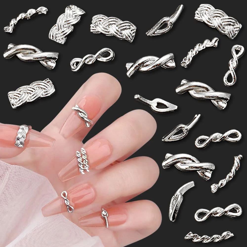 20Pcs Golden Silver Twist Metal Nail Art Charms 3D Woven Knot Hollow Out Curved Alloy Nail Decorations Punk DIY Nail Accesories