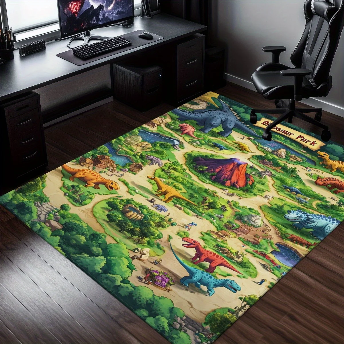Dinosaur Park Volcano Rug – Non-Slip, Absorbent & Machine-Washable Dino Print Mat for Bathroom, Living Room or Outdoor Use
