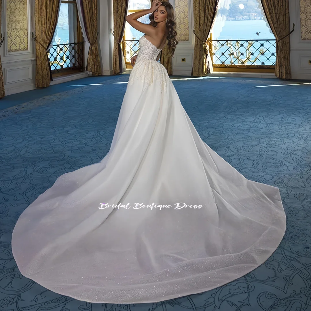 Customized Exquisite 2 in 1 Strapless Lace Sexy Mermaid Wedding Dress Sleeveless Beaded Shiny Tulle Bridal Gown with Detachable