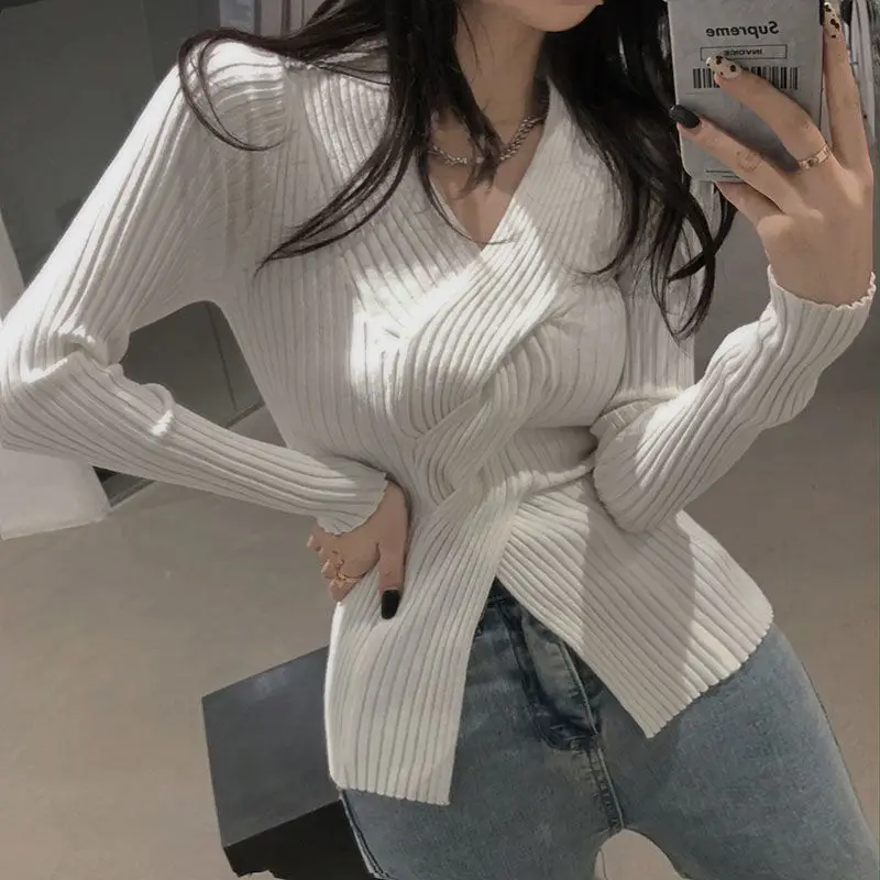 Women\'s Autumn Winter Fashion Elegant Solid V-Neck Screw Thread Cross Casual Versatile Long Sleeve Slim Fit Sweater Knit Tops