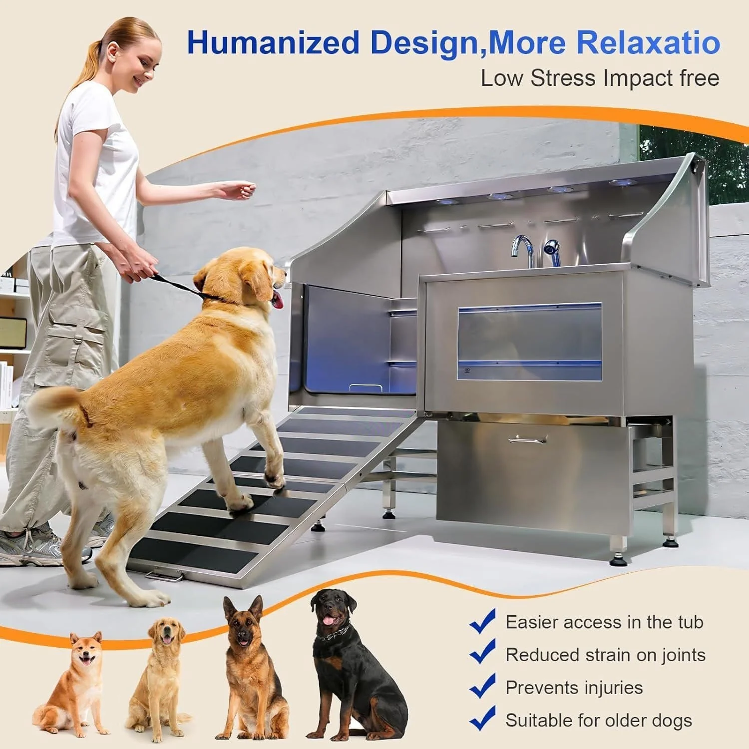 Stainless Steel Eco-Friendly Multi-Function Large Dog Grooming Bathtub With Ramp Drawer Spotlight For Pet Salon Wash Station