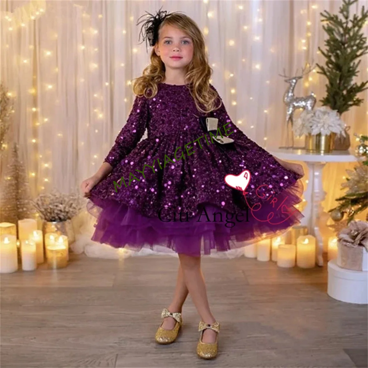 Purple Flower Girl Dress Scoop Neck Fluffy Girls Party Dresses for Wedding Puff Sequins Kids Christmas Ceremonial Dress