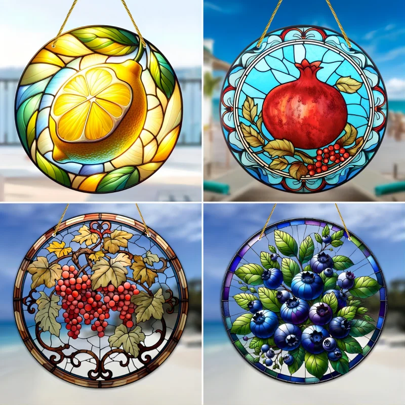 Fruit Stained Window Suncatcher Pomegranate Lemon Grape Printed Acrylic Panel for Home Room Decor Wall Hanging Pendant Ornament