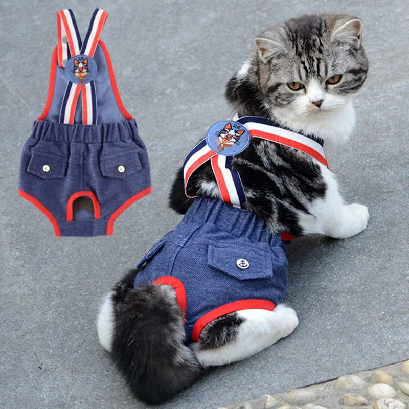 Sweet Sphynx Cat Physiological Pants with Straps Denim Female Pet Safety Sanitary Panties for Cats Gota Animals mascotas Costume