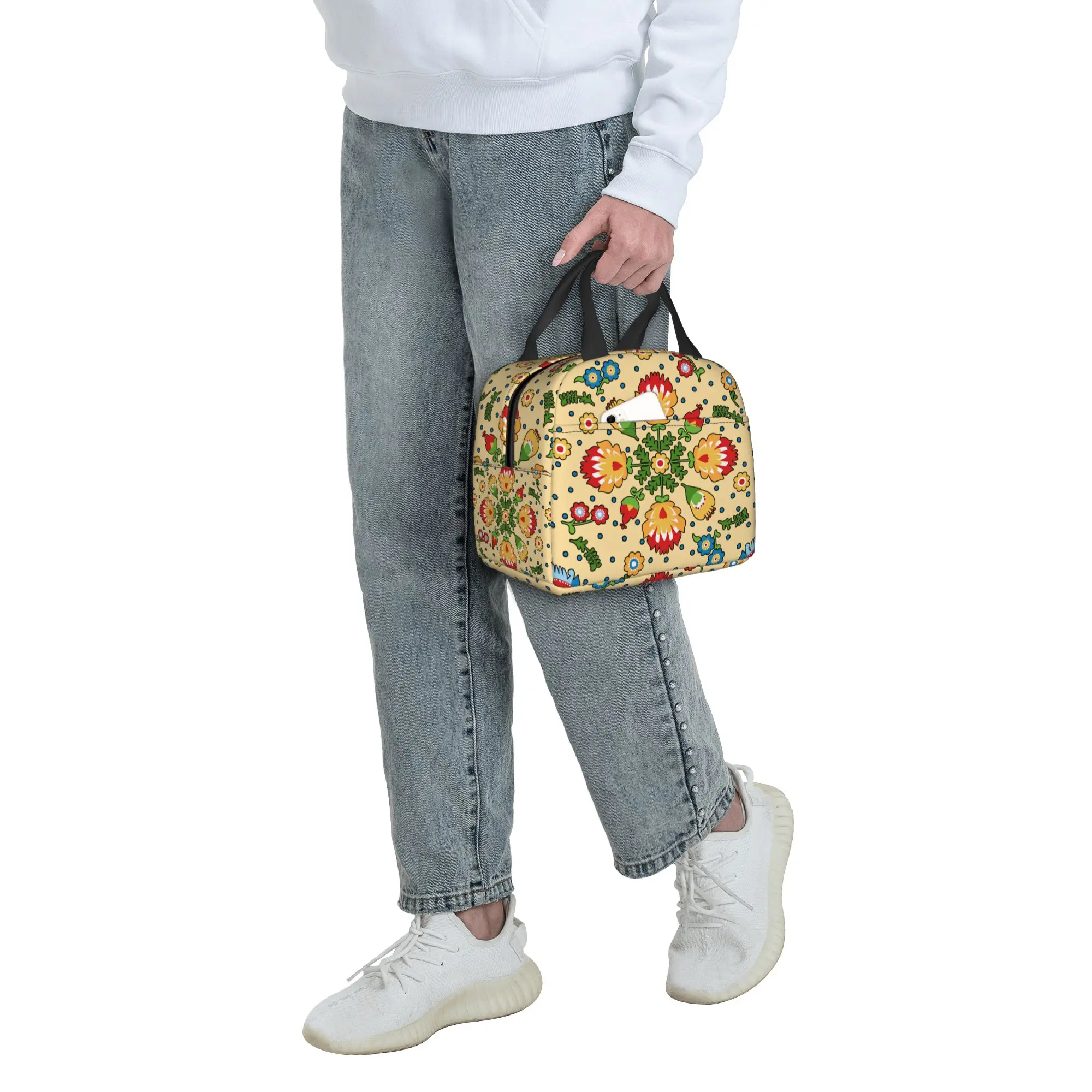 Poland Folk Flowers  Thermal Insulated Lunch Bags Women Polish Floral Art  Portable Lunch Container for School  Storage Food Box