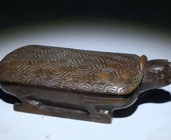 Antique Bronze Turtle-shaped Inkstone Box and Inkwell Box for Home Decoration and Collection