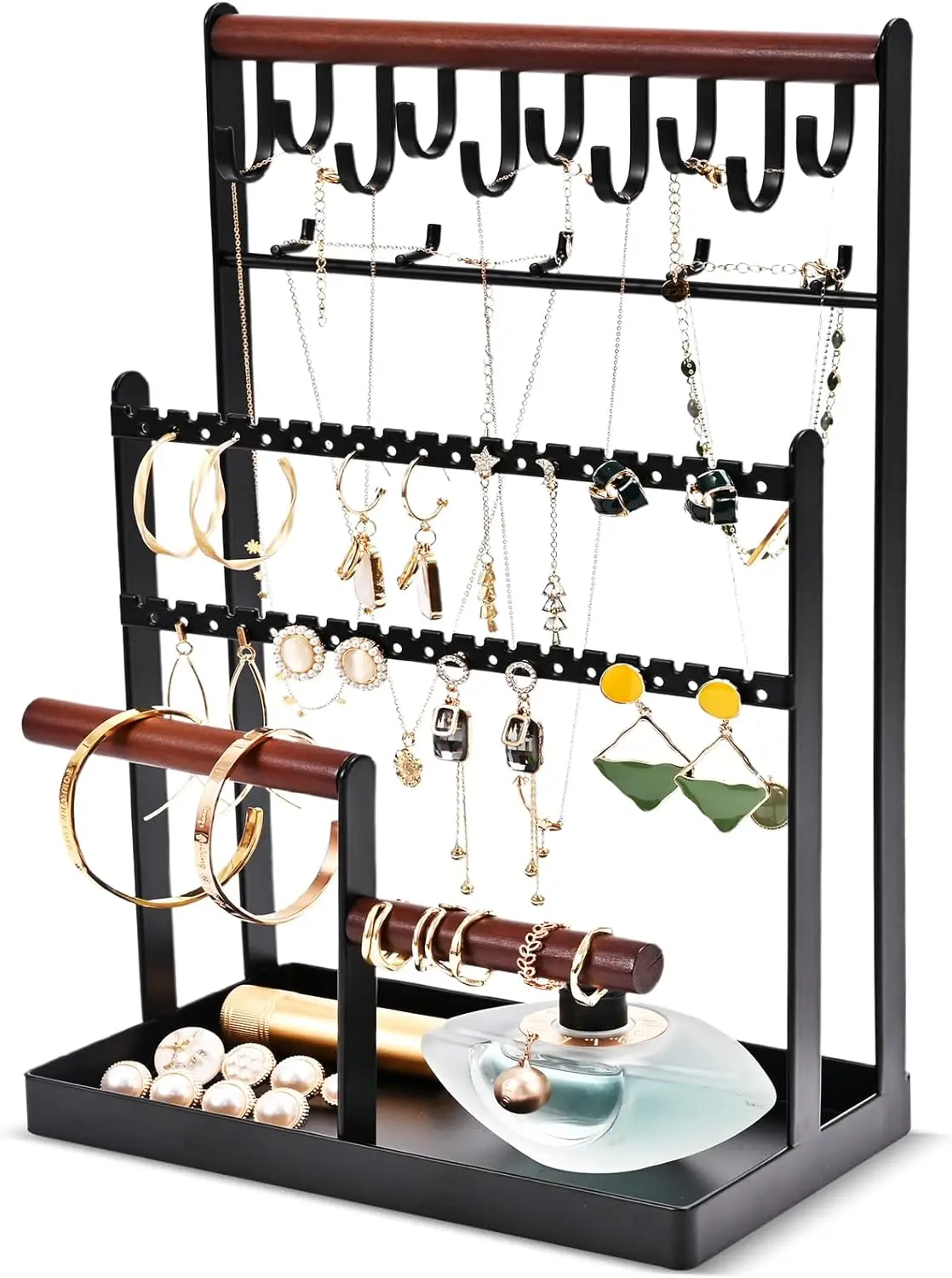 Jewelry Organizer Stand, 6 Tier Rack Necklace Holder with 15 Hooks and Bottom Tray, Tower Display Storage Tree For Bracelets