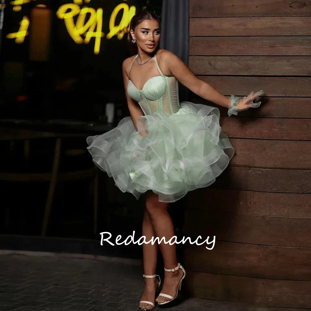 Redamancy Sage Green Birthday Outfits Women Tulle Spaghetti Straps Girls Prom Dresses Short Illusion Mini Dress Party Night Gown