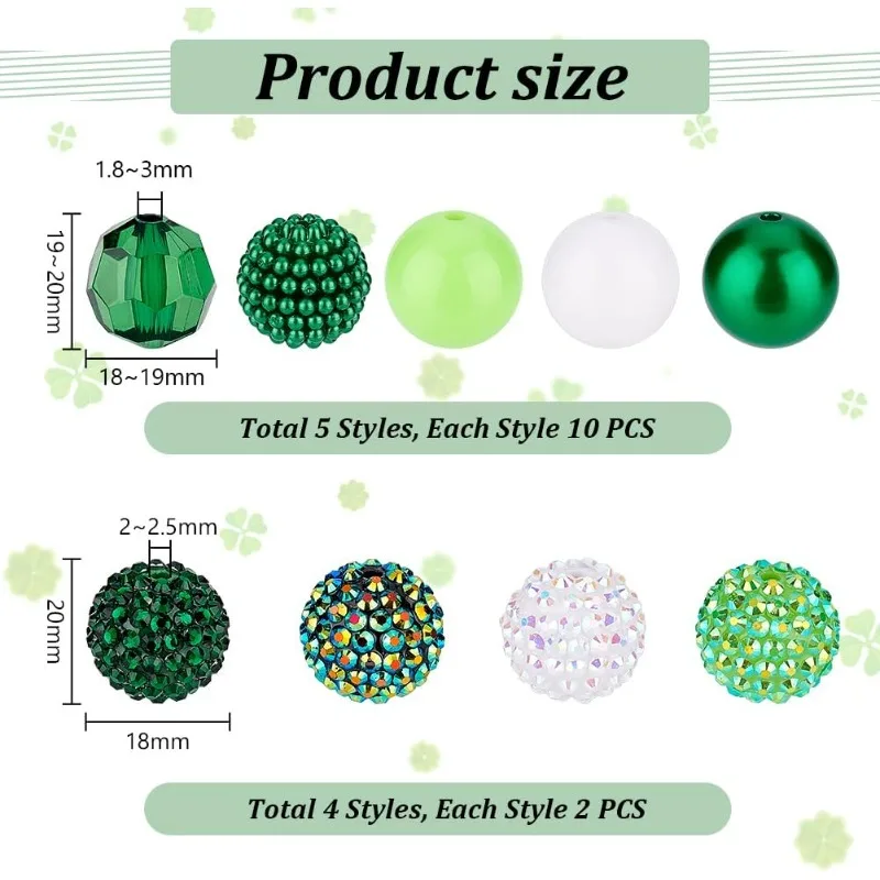 58pcs 20mm Beads Green Acrylic Beads Saint Patrick's Day Beads 10 Styles Pen Beads Bubblegum Beads Chunk Beads for Pen Making