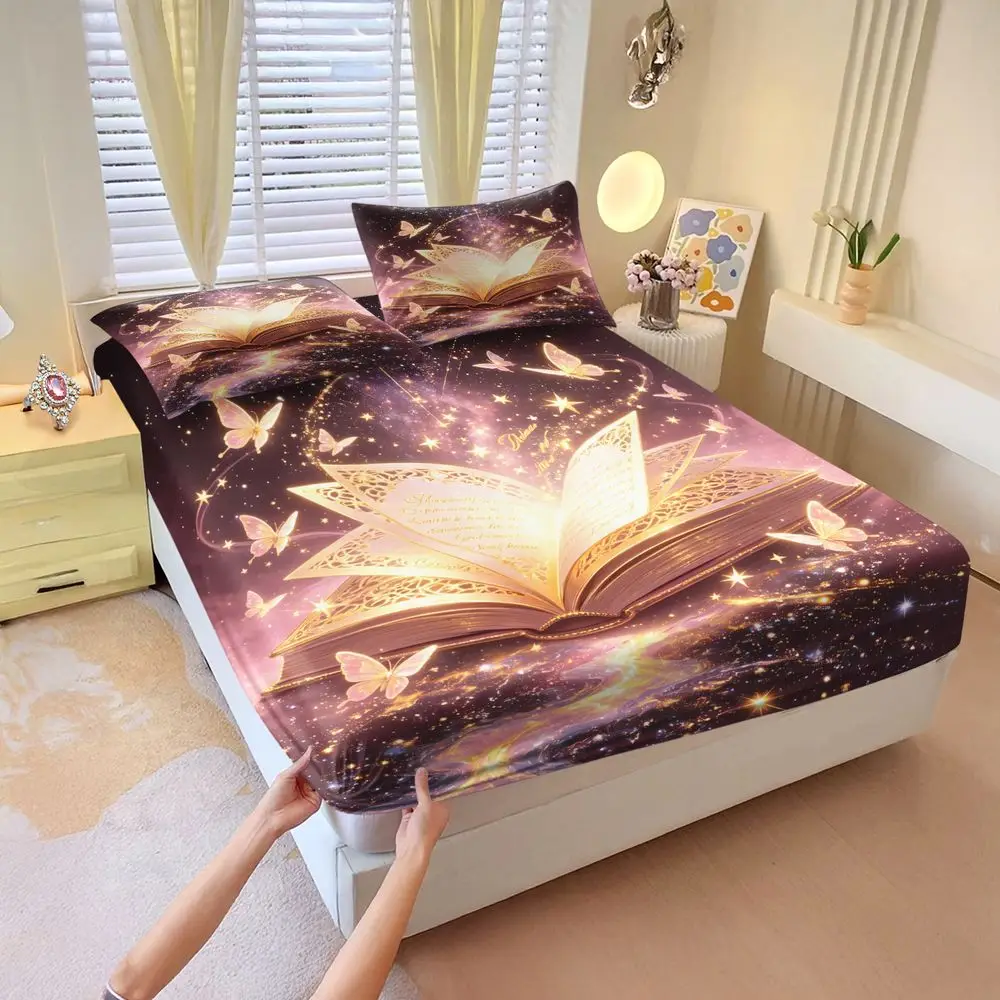 Book Butterfly Print Fitted Sheet Set Bed Sheet Set Fantasy Galaxy Bedding Set Soft Elastic Fabric for Bedroom Decor