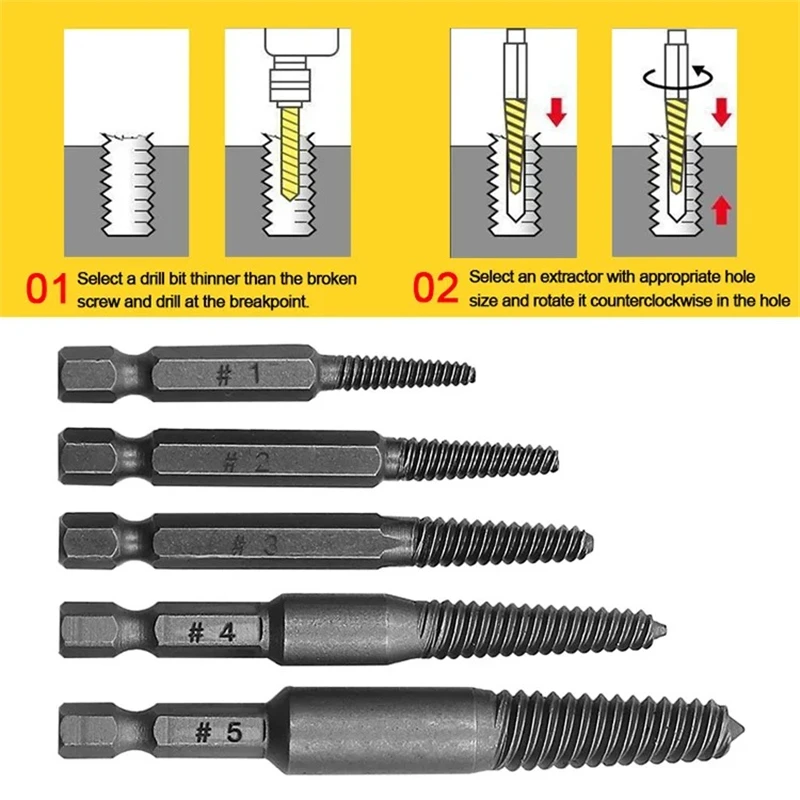 5 in 1 Taps Damaged Screw Extractor Hexagonal Handle Center Drill Bits Set Broken Bolt Easy Out Remover Power Tools Accessories