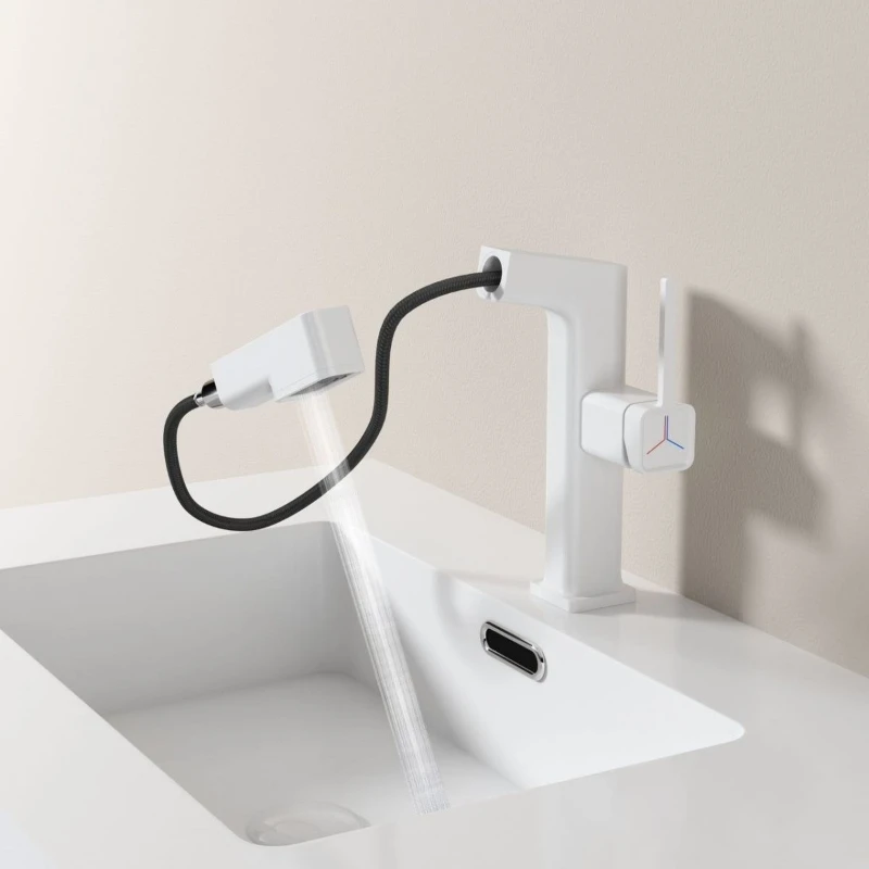 

Xiaohongshu milk white wind beauty three mode basin faucet all copper household pull-out washbasin hot and cold faucet