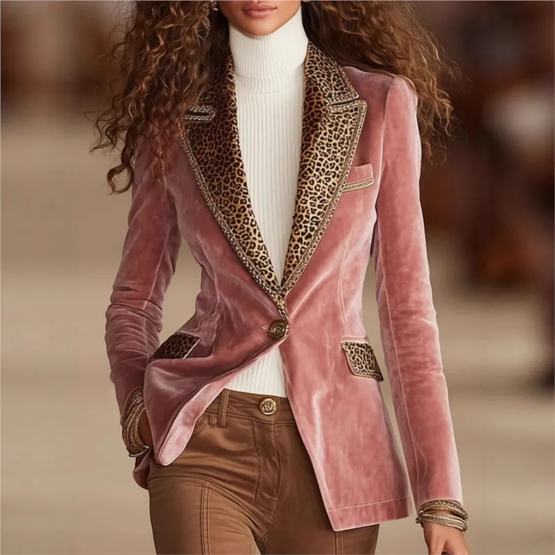 سترات مخملية أنيقة على الموضة ليوبارد لخريف 2026 سترة نسائية جديدة بأكمام طويلة غير رسمية مرقعة معطف ملابس خارجية للسيدات للمكتب