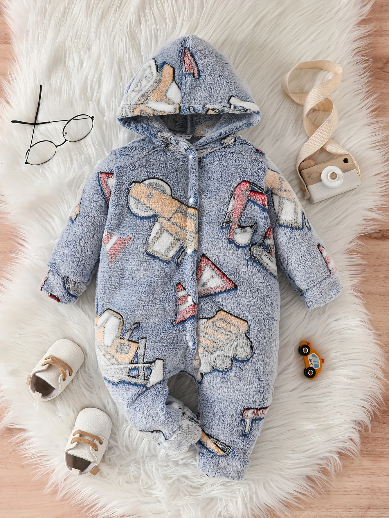 0-2 years old baby autumn and winter warm excavator mechanical car baby car print plush hooded jumpsuit