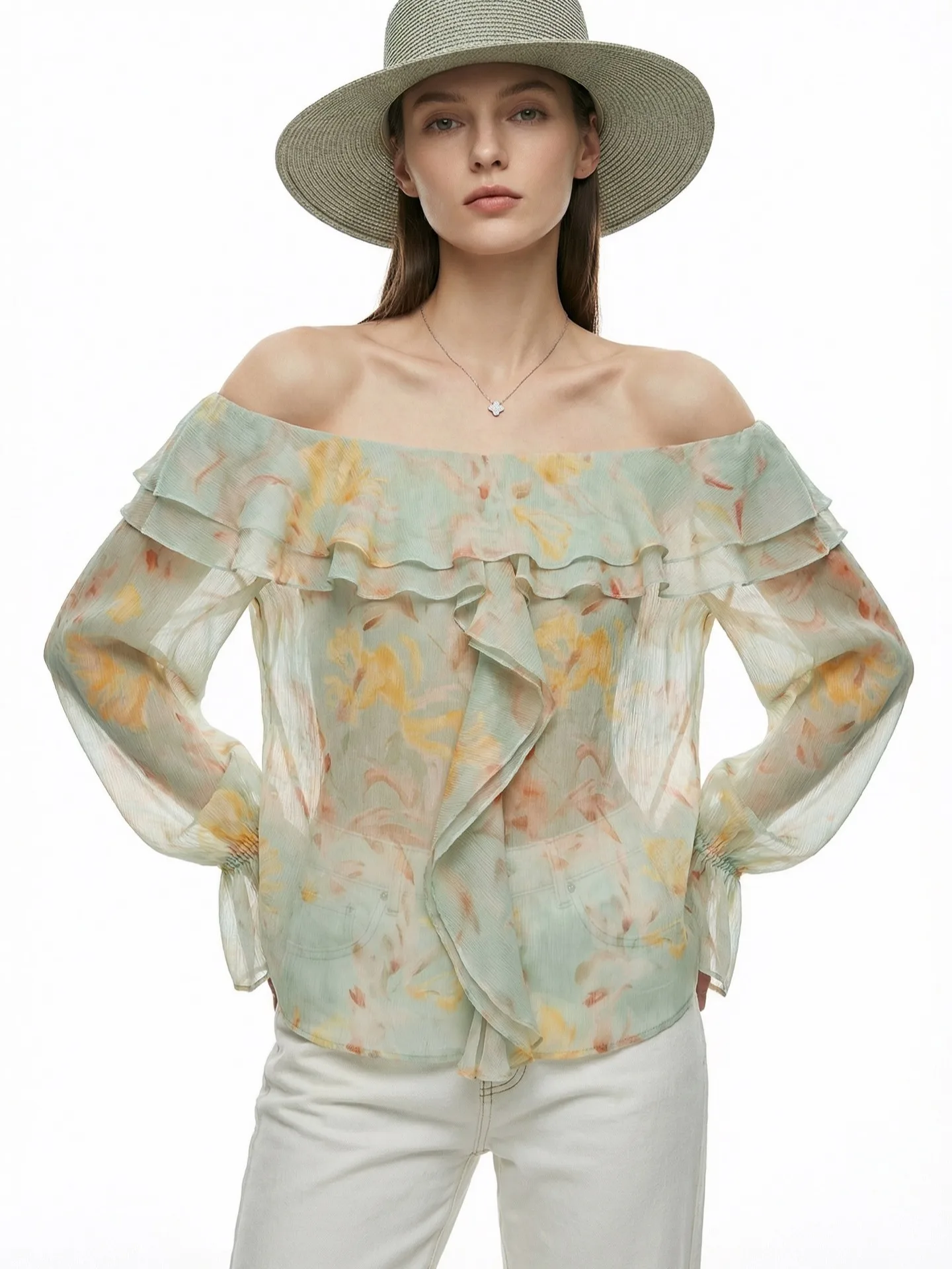 

Ele Long Sve Printed Blouse Women's Loose Feelings Lazy High nce Sensation Olive Le Floral Print irt