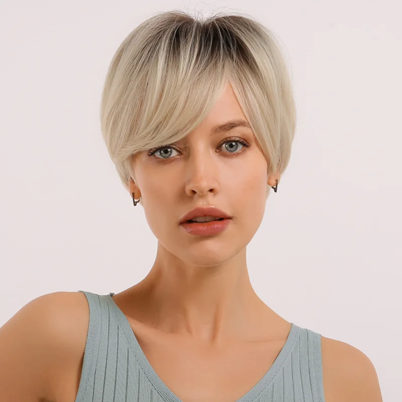 LOUIS FERRE Short Ombre Black Ash Light Blonde White Synthetic Wigs With Bangs For Black Woman Afro Cosplay Wig High-Temperature