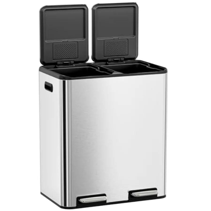 

Kitchen Dual Trash Can 60L Hands-Free Stainless Steel Garbage Can with Double Compartments Soft-Close Lid Inner Bucket Odor Con