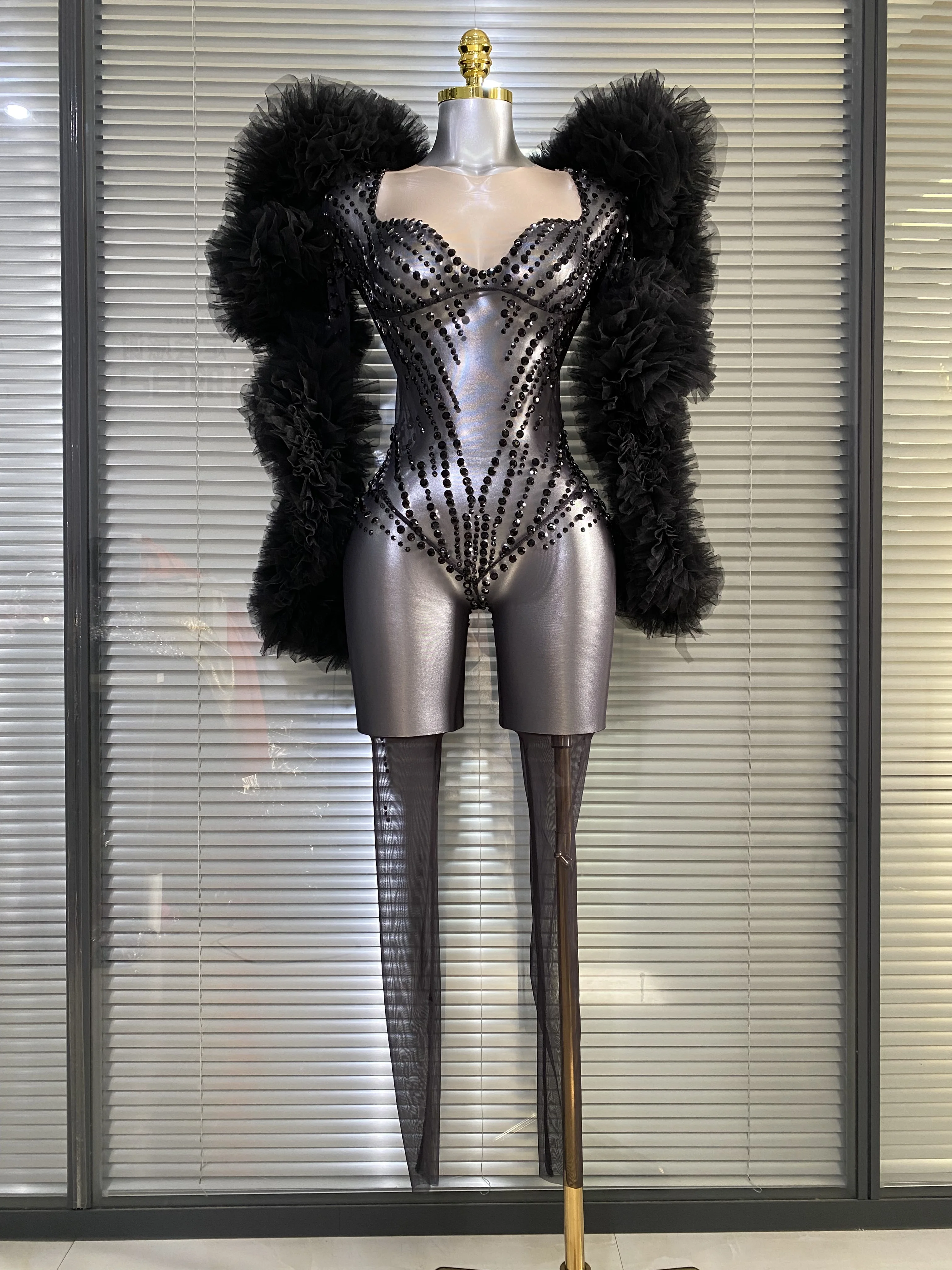 

Женский сексуальный комбинезон с блестящими кристаллами и прозрачной сеткой, с длинными рукавами, для вечеринок, ночных клубов и выступлений