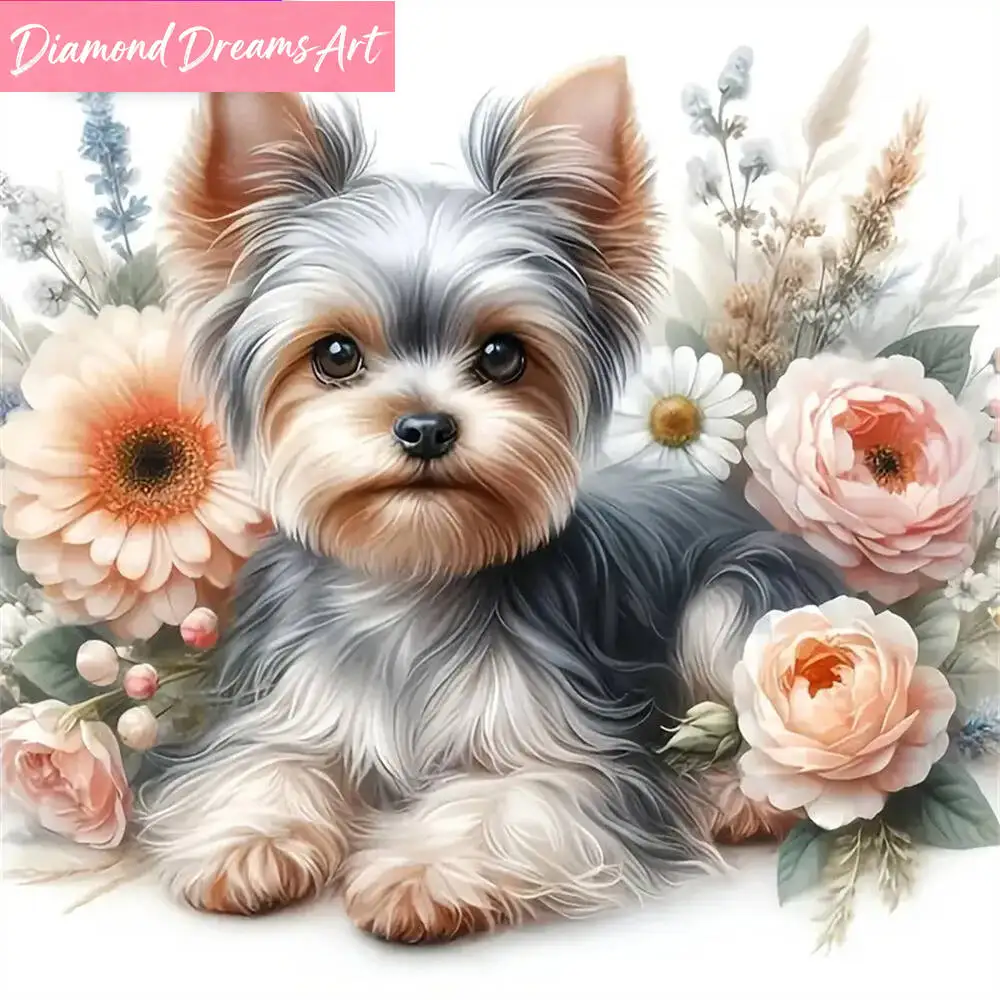 Hunde-Diamant-Stickerei, Tiergemälde, geeignet für Anfänger, Diamant-Mosaik, Pfingstrose, Blume, DIY, Neuankömmling, Wanddekoration, rahmenlos