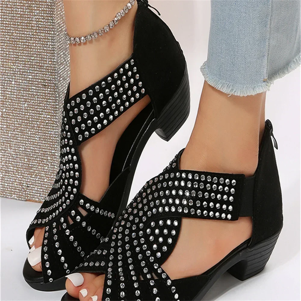 2023 New Style Women Summer Hollow Out Faux Leather Rhinestones Thick Heel Zipper Sandals Shoes