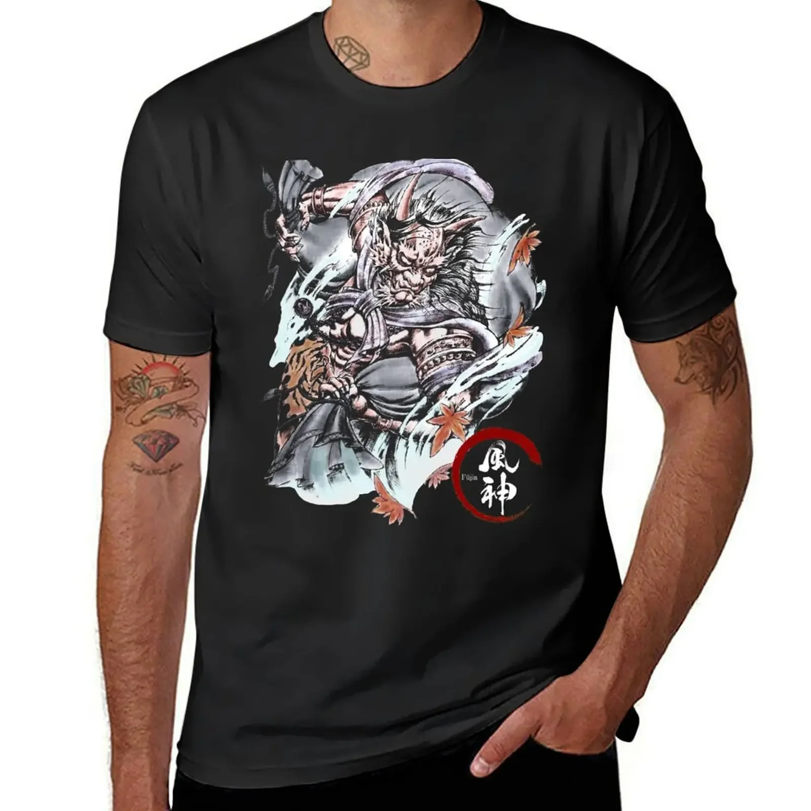 Fujin (The Japanese God of The Wind) demon devil oni tattoo T-Shirt tees graphic tee shirt Blouse black t-shirts for men