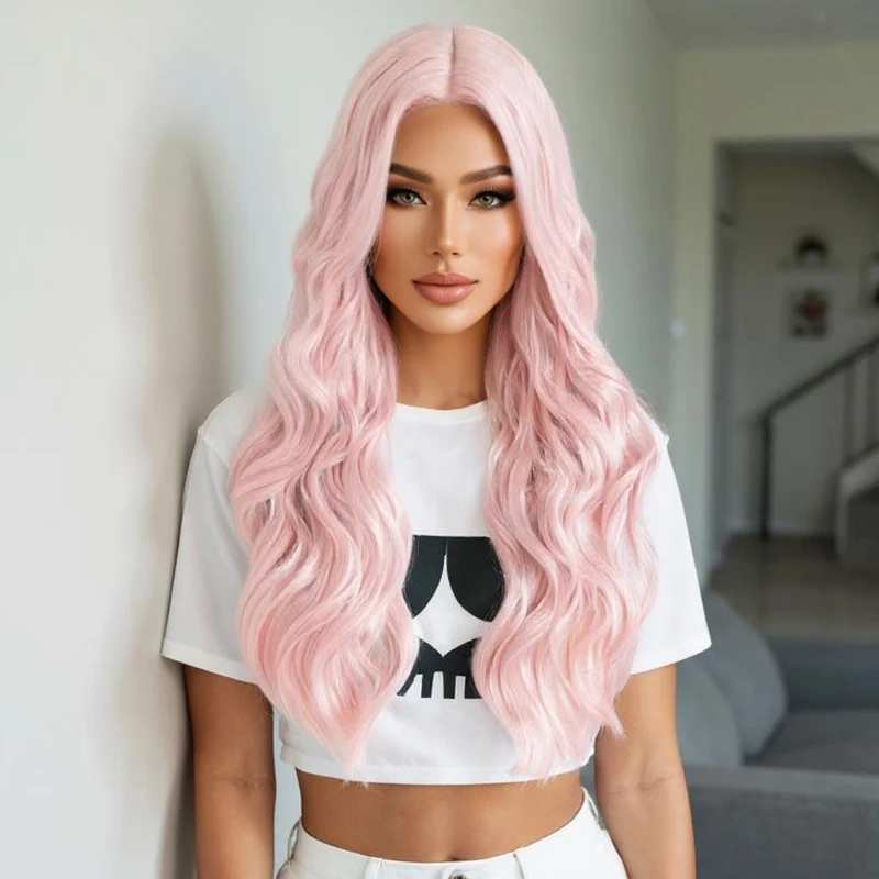 

synthetic wig; European and American women's synthetic hair headpiece; popular water-pink curly long wavy hair high-temperatu