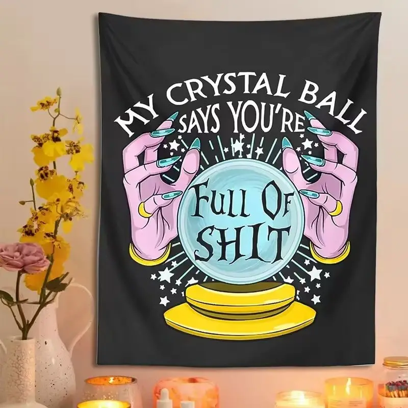 VIKAMA Funny Witchy Tapestry Sarcastic Crystal Ball Fortune Teller Hands Black Wall Hanging Humor Wall Art Dorm Room Decor