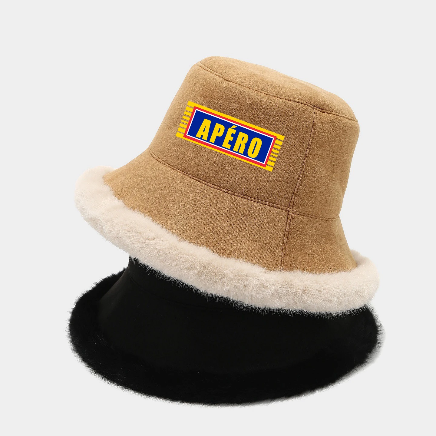 Unisex Elegant Winter Reversible Faux Fur Bucket Hat Women Men APERO Logo Warm Chapeau D’Hiver French Style Cozy Fisherman Hat