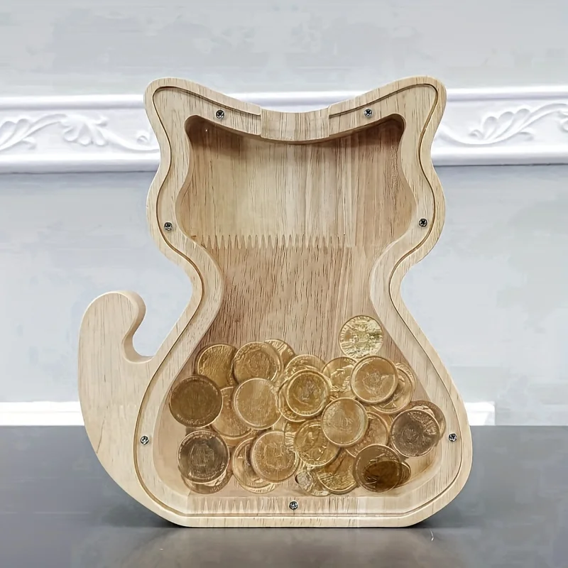 بنك عملات خشبي على شكل قطة مع غطاء زجاجي - هدية فريدة للعطلات وديكور المنزل
