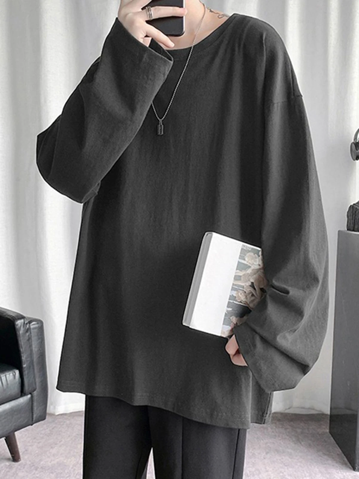 Loose Long Sve round Ne T-irt for Men Spring Autumn Pure Color Base Layer irt Inner Wear Big Size Casual Faion image 3