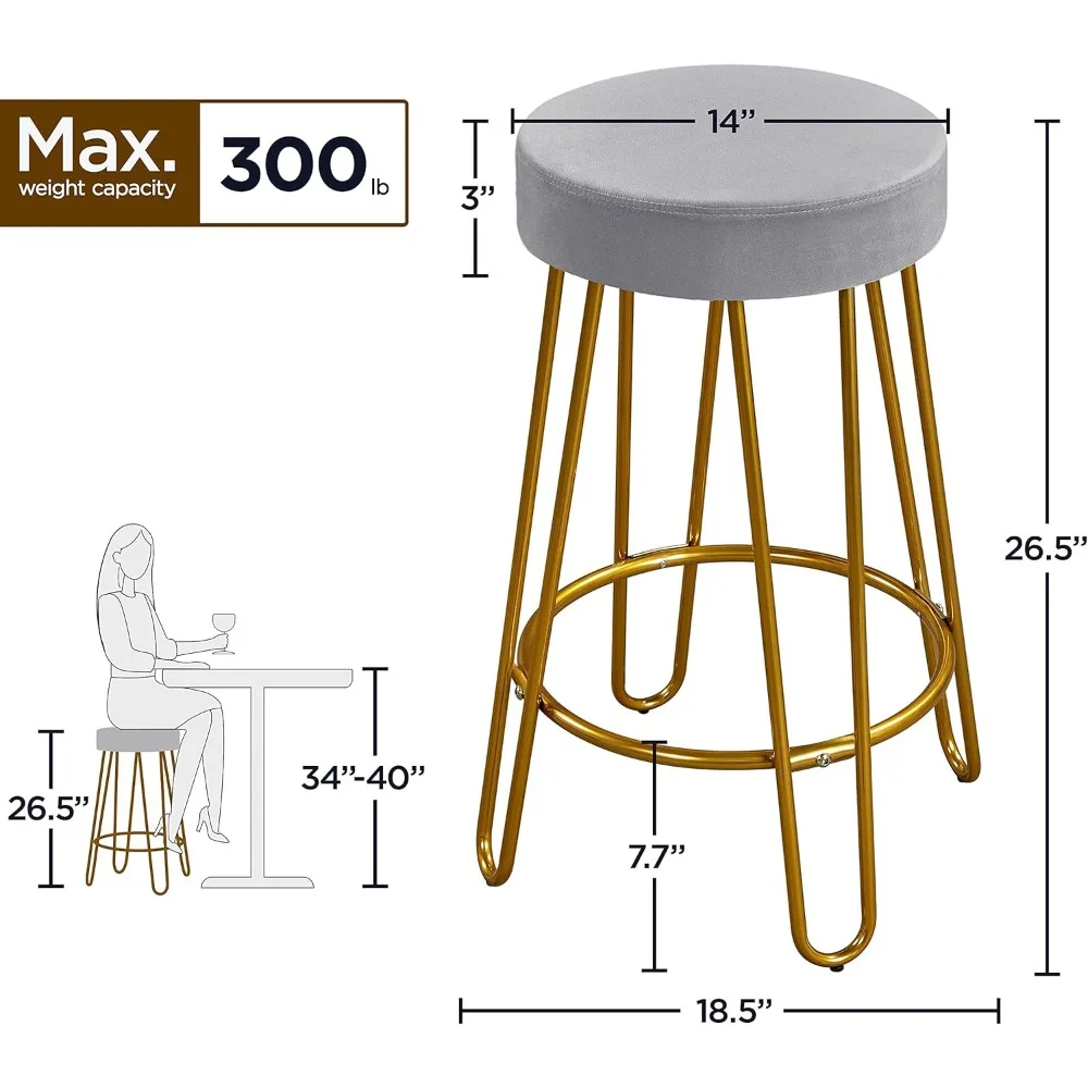 Bar Stools Set of 2, Velvet Round Counter Stools, Backless Counter Height Bar Chairs with Golden Legs for Kitchen Dining Room P