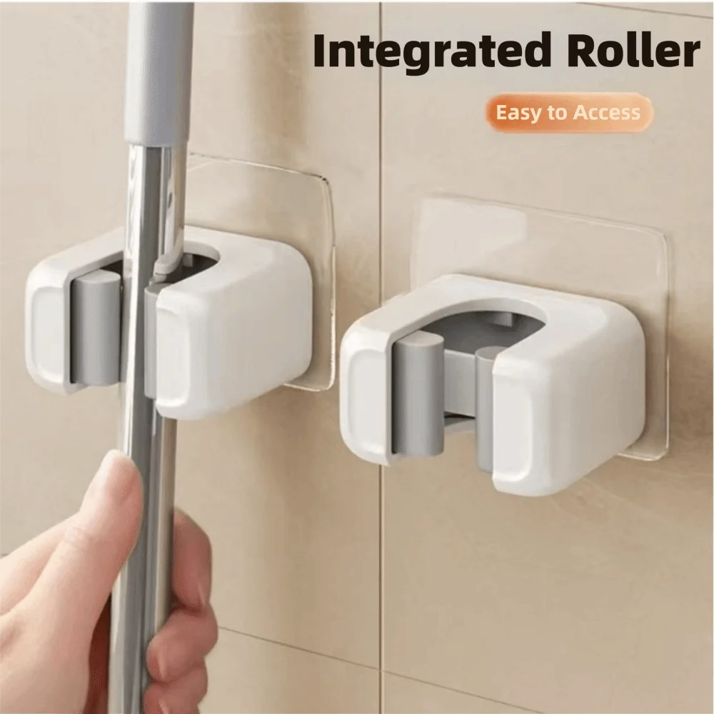 No Drill Installation Mop Holder Hook Wall Mounted Waterproof Mop Wall Holder Plastic Strong Adhesive Mop Clip Bathroom Storage