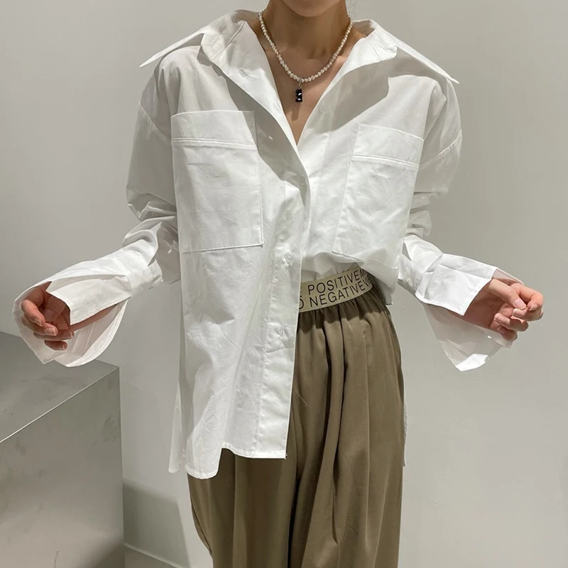 

Chic Casual Ne Color Blo Striped Design Single Button Loose Bubble Sve irt for Women Korean Sle Long Sve