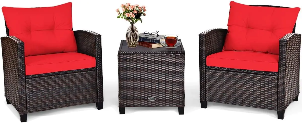 Outdoor Balcony Porch Yard Furniture, PE Rattan Wicker, Red Cushions, Washable and Tempered Glass Tabletop