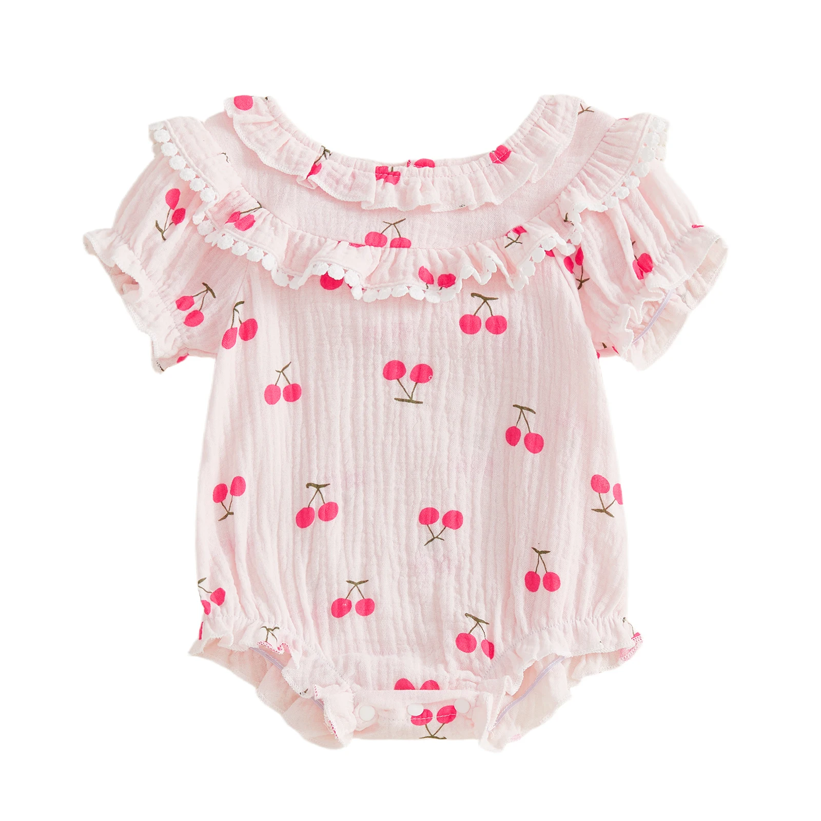 

Летний комбинезон для маленьких девочек с вишнёвым принтом, длинными рукавами и рюшами, круглый вырез горловины