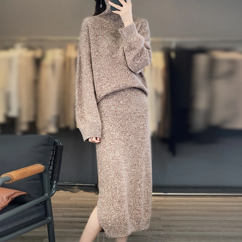 Cashmere Turtleneck Sweater and Skirt Suit, Floral Yarn Knitted Long Skirt, 2-Piece Suit, 100%