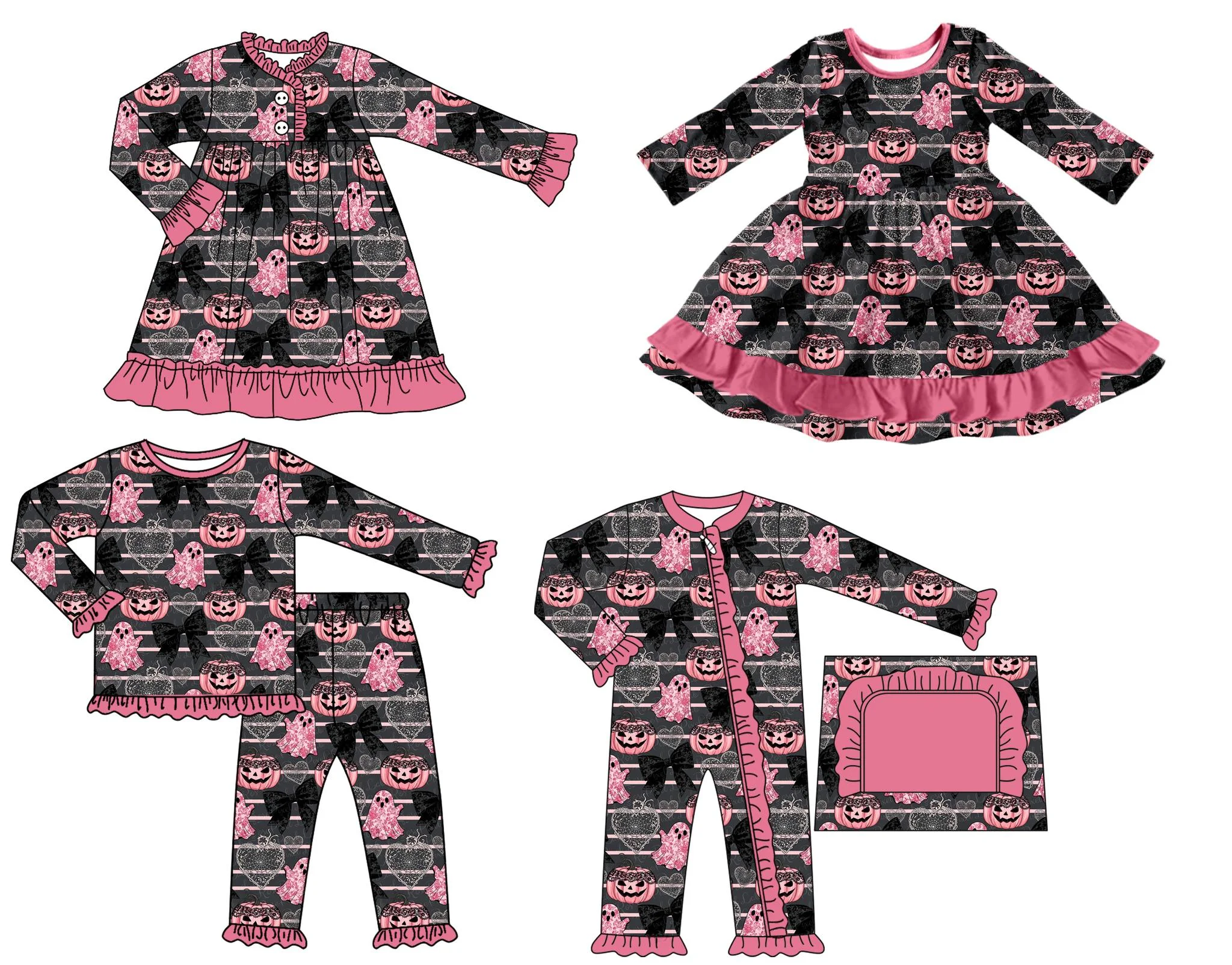 

Boutique children's suit Halloween long-sleeved long pants pajamas suit ghost pumpkin print baby jumpsuit dress 4-piece set