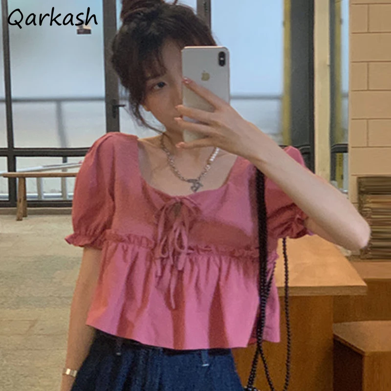 

Блузки женские бандажные милые свободные топы во французском стиле из чистого укороченного топа модные с пышными рукавами нежные повседневные девичьи универсальные студенческие летние