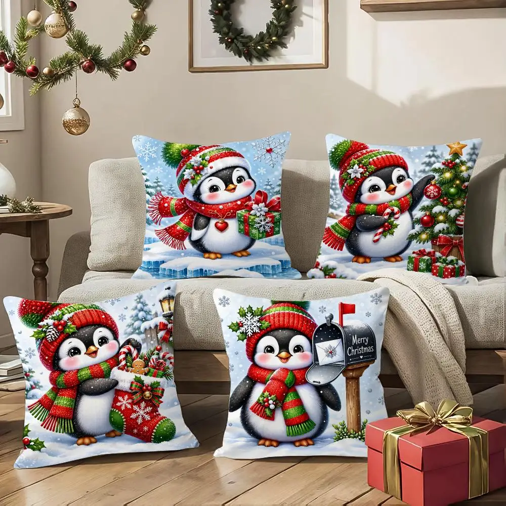 Penguin Christmas Design Cushion Cover Square Decorative Sofa Pillow Case Bedroom Living Room Home Decor Gift