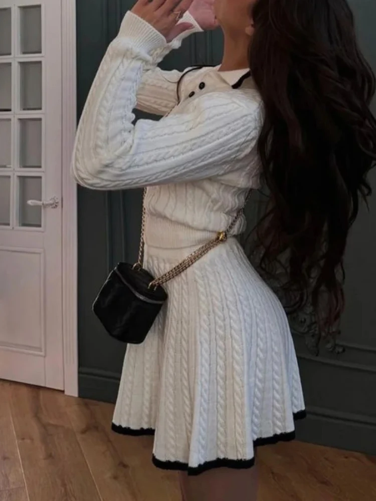 Autumn Winter Solid Fashion 2 Piece-Set Women Color Contrast Long Sleeve Lapel Pullover and High Waist Mini Skirt Casual Outfits