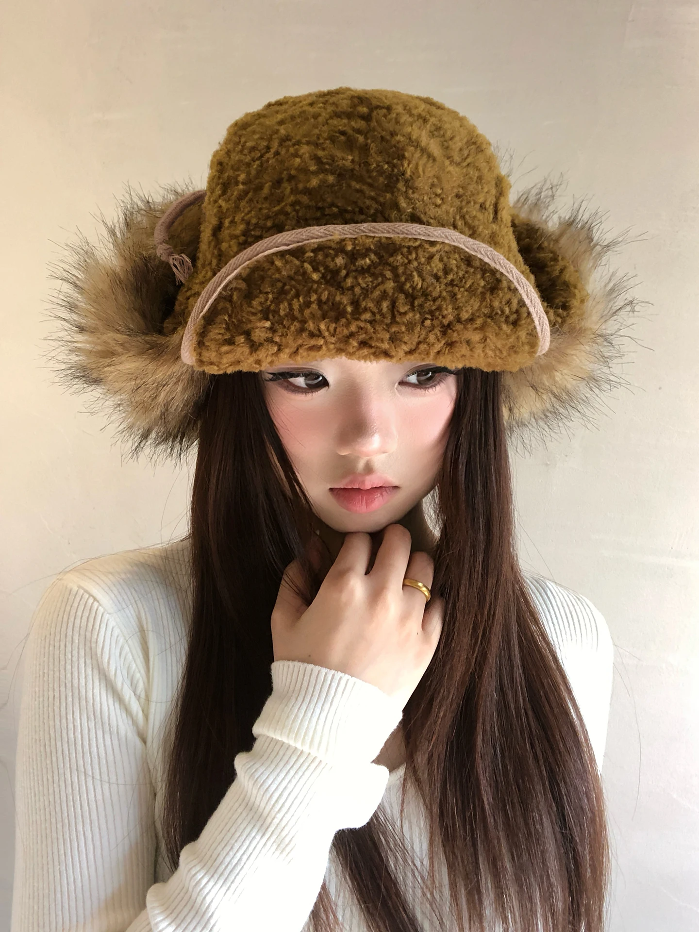 Thickened Winter Brown Lamb Velvet Ear Protector Lei Feng Style Hat Women's Plush Warm Northeast Cold Resistance Cap