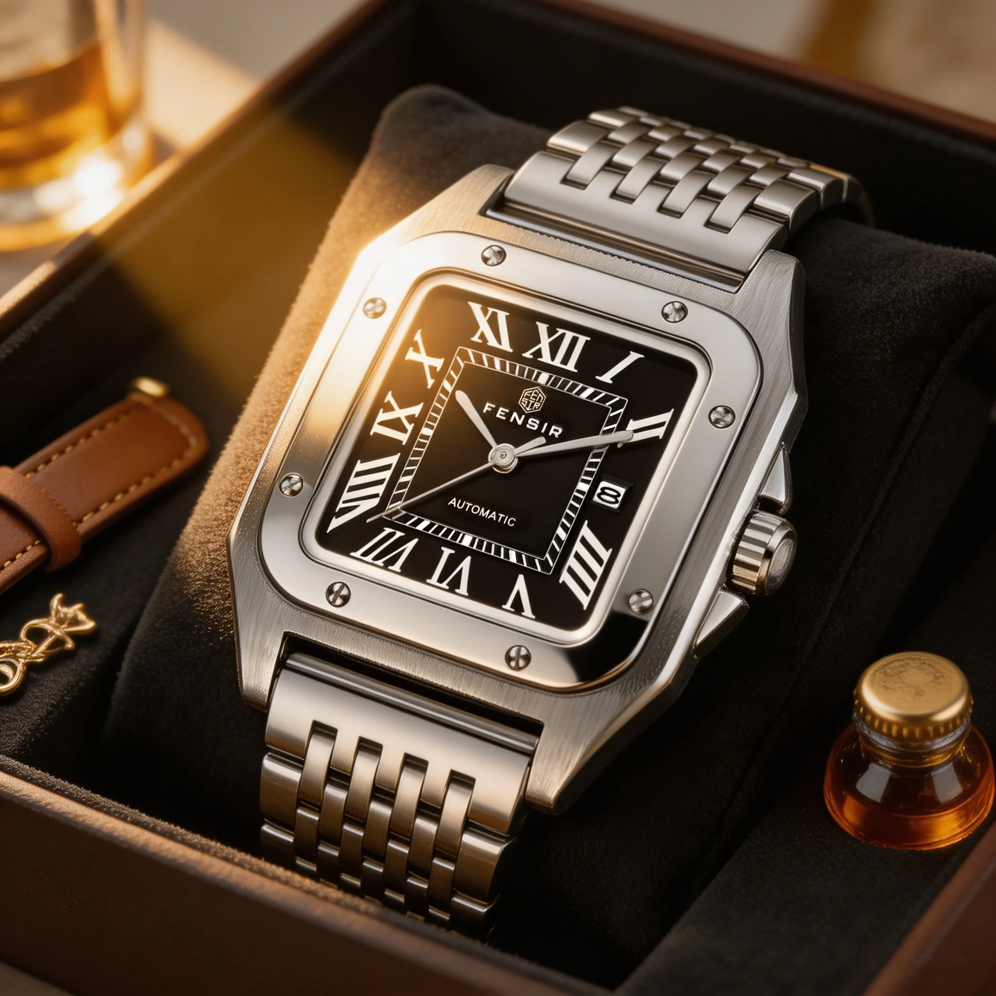 Men's Quartz Wristwatch with Square Dial, Roman Numeral Markers, Stainless Steel Strap, Date Display Function, Waterproof Design, Business-Casual Style, Suitable for Daily Wear and Formal Occasions