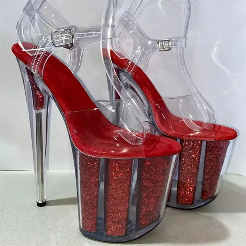 

20cm Black Bling Sandals 8Inch Thin Stripper Heels Peep Toe Catwalk Nightclub Women's Shoes Exotic Dancer Catwalk Sexy Fetish