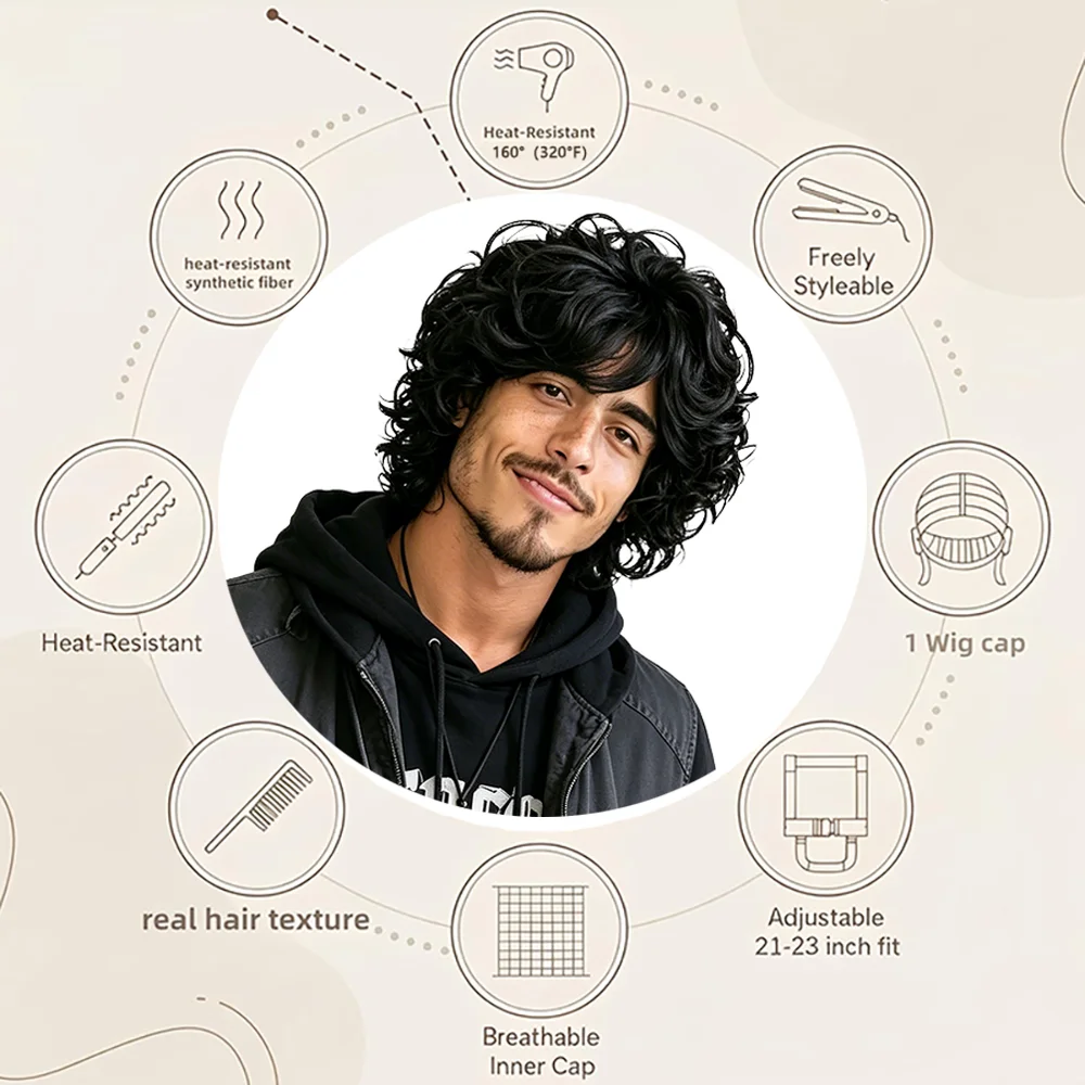 

Men's Retro Black Short Curly Wig Fluffy Natural Look No-Tangle Heat Resistant Stylable Wig For Men Cosplay Daily Party Use