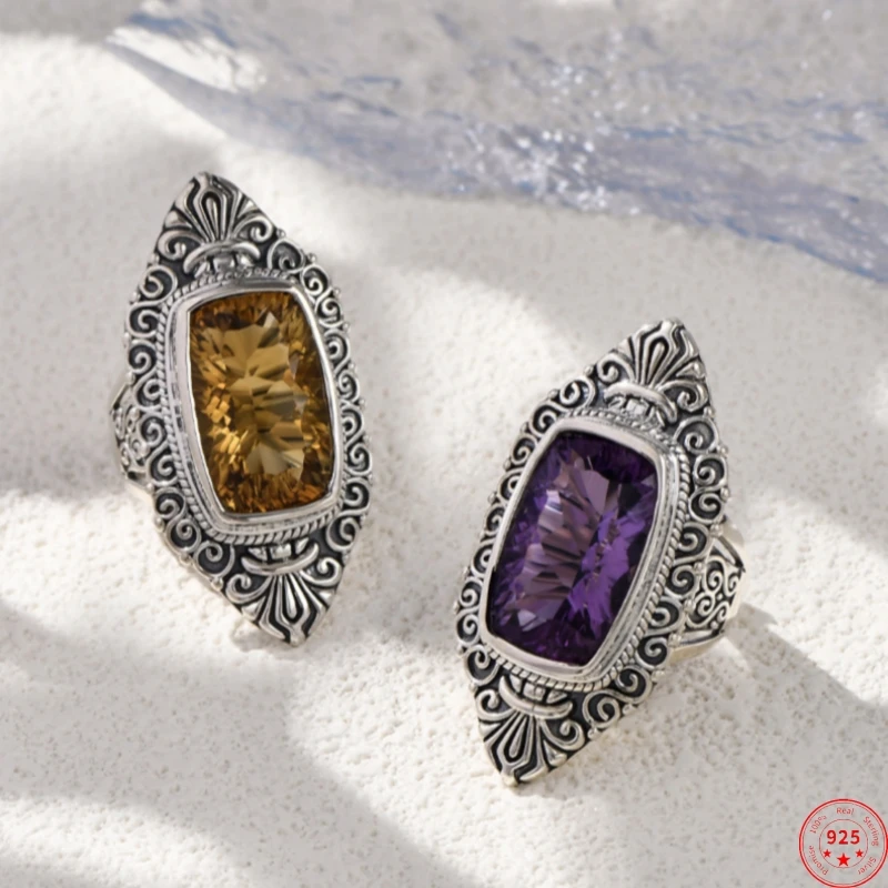 S925 Sterling Silver Rings for Women New Fashion Ancient Eternal Rattan Natural Amethyst Yellow Crystal Jewelry Free Shipping