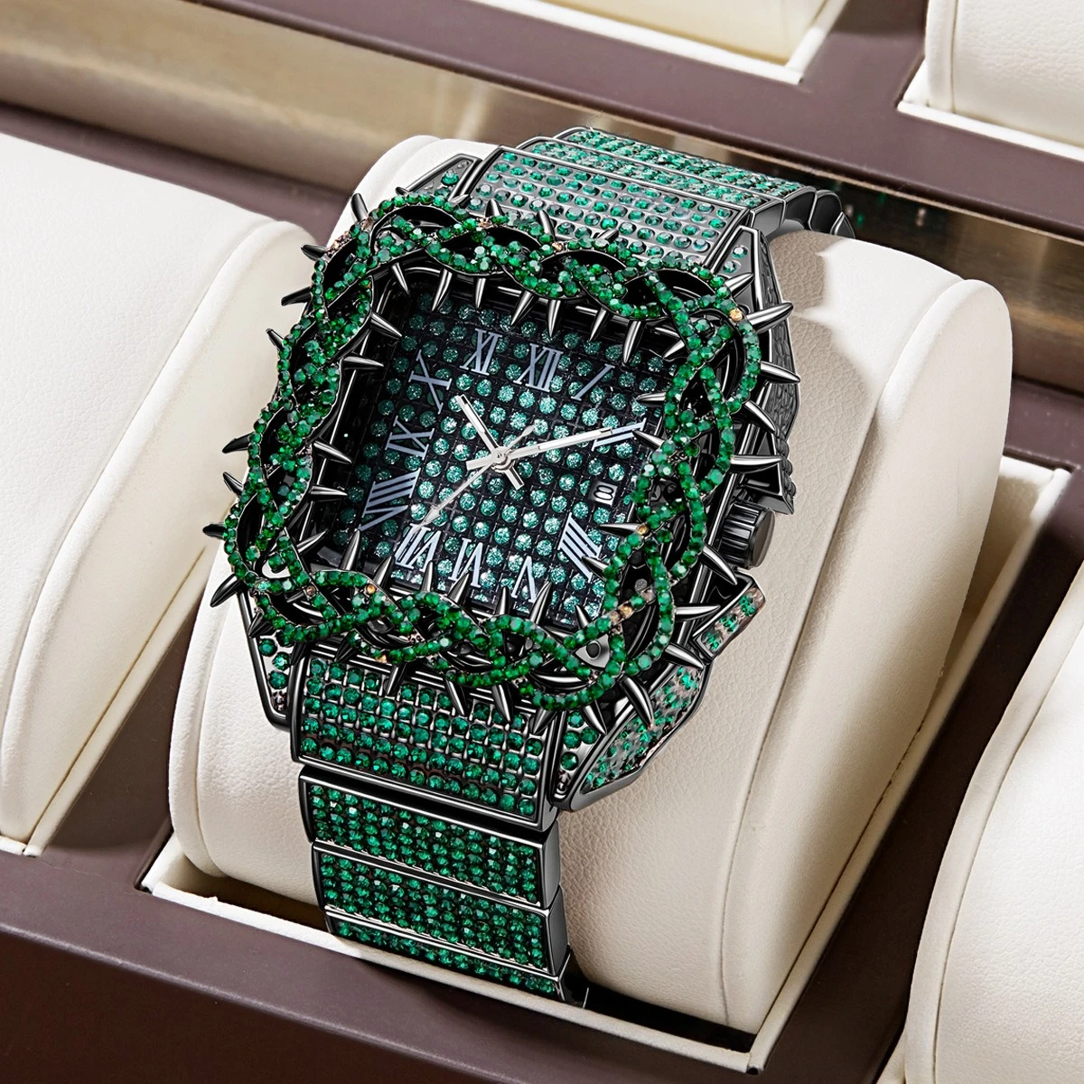 Full Diamond Thorn Case Quartz Watch Men Calendar Brand Hip Hop Iced Out Bling Square Jewelry Hot Fashion Wristwatch for Man