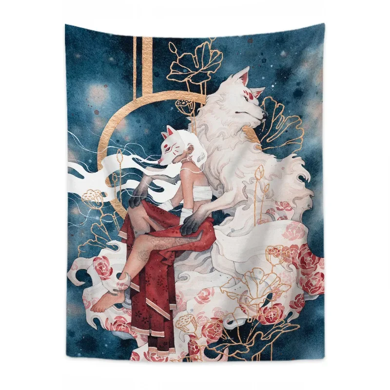 Anime Girls and Animal Hanging Cloth Tapestry Polyester Wolf Tiger Internet Live Photography Wall Carpets Living Room Tapestries